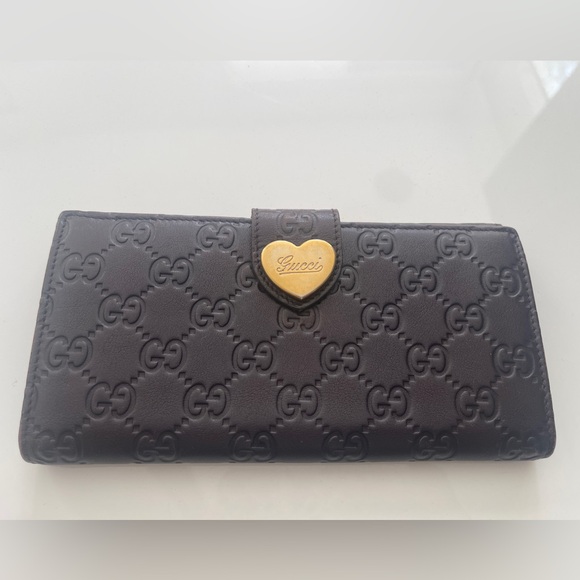 GUCCI Shima Heart Logo Clip Leather Long Bifold Wallet - Picture 1 of 14